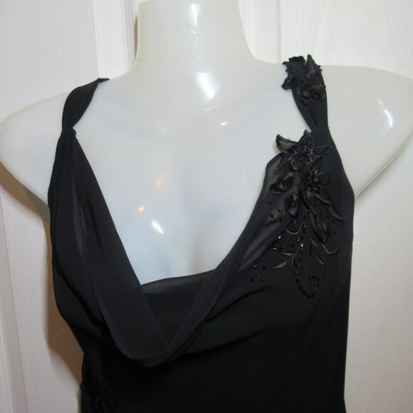 Adrianna Papell Black Chiffon Gown Floral Applique Beads EUC Whimsigoth Cowl - Picture 10 of 16
